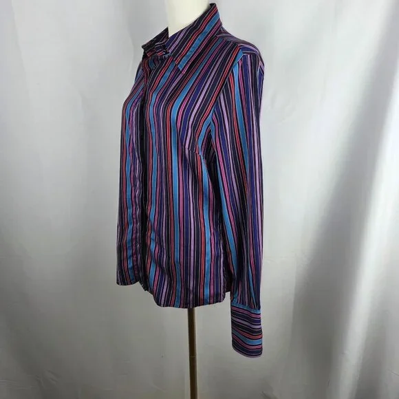 Faconnable Womens ButtonUp Shirt Sz 42 Medium Striped Multi Colorful Silky Retro - Picture 3 of 9